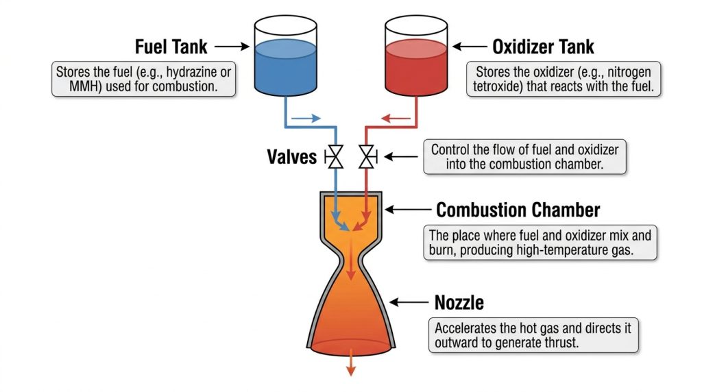bi-propellant chemical propulsion diagram showing fuel and oxidizer interaction