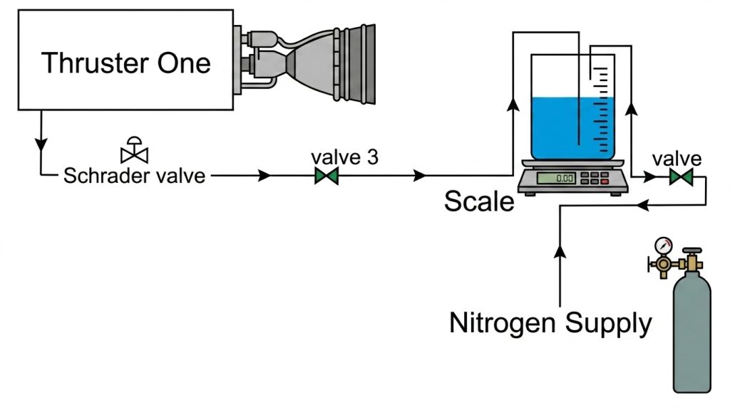 Water propulsion fuelling diagram for CubeSat showing Thruster One, tank, valves, nitrogen pressure system, and fuel flow process