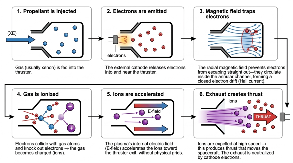 Hall Thruster Scheme: Step-by-Step Electric Propulsion Process