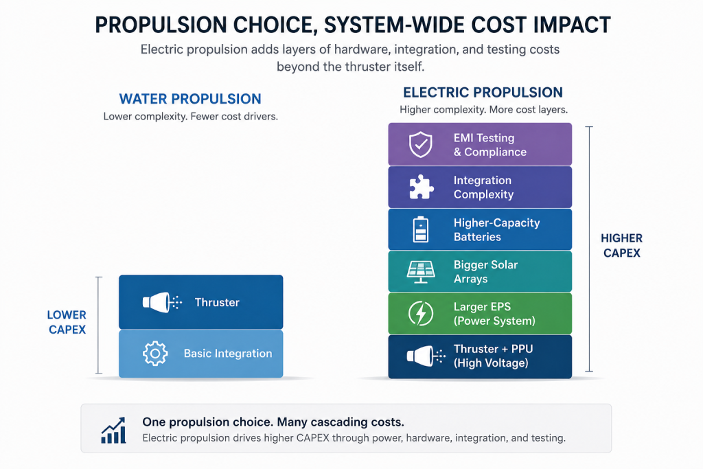 Cost stack diagram comparing water propulsion and electric propulsion complexity in satellite constellation management